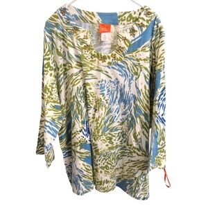 Hearts of Palm Woman 3X Tunic Top Blue Green Abstract Print Embellished Neck